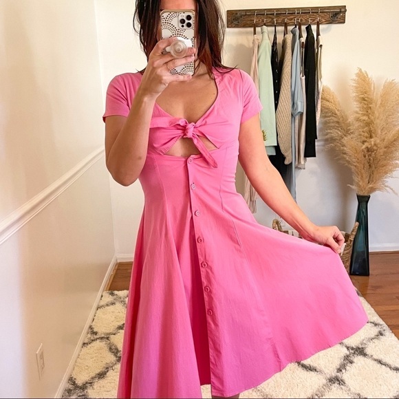 Staud Alice Pink Cotton Barbiecore Bow Midi Dress 0 - Picture 1 of 11